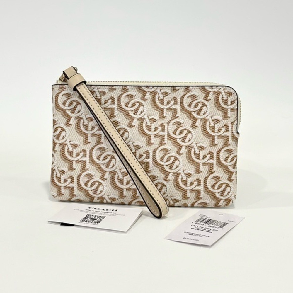 NEW COACH CORNER ZIP WRISTLET WALLET WITH SIGNATURE MONOGRAM PRINT IN CHALK